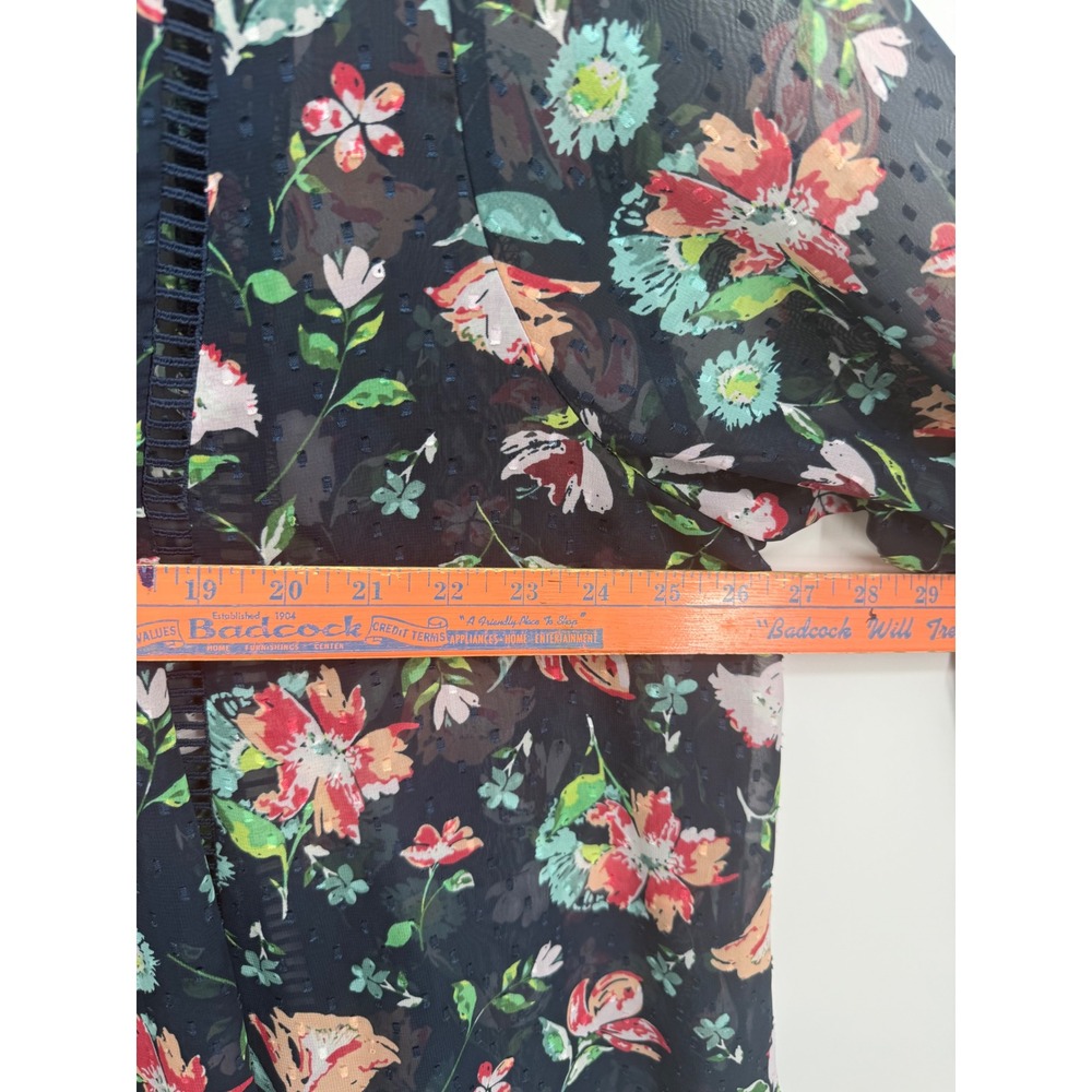 Floral Blouse Womens XL Blue Cove Sheer Tie Front Tassel Boho Festival  Cottage - Picture 8 of 8